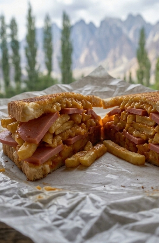 A sandwich, a chip butty made in two pieces of toasted bread, filled with thick cut slap chips and slices of chicken polony.
