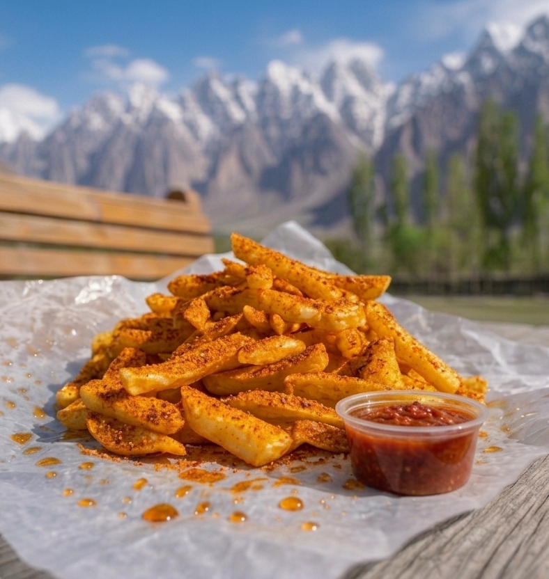 A large portion of thick cut chips on white baking paper covered in red masala with a side of chilli sauce. Placed on a wooden table. Background of Passu Cones.