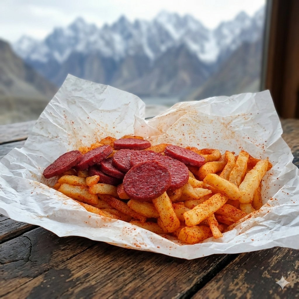 A picture of slap chips with red masala sprinkled all over covered with a large portion of homemade chicken polony. The background of the image is of Passu Cones with snow at the peaks.