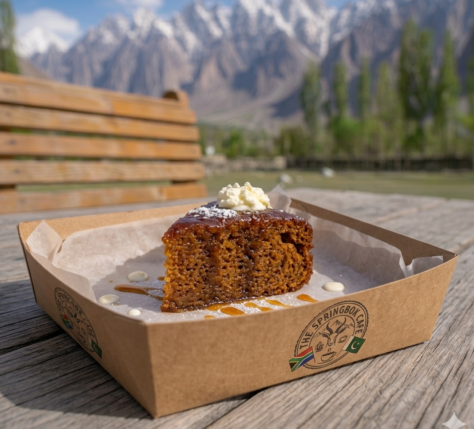 A wedged portion of Mulva Pudding with a dollop of cream in a kraft paper tray with Springbok logo on sides. On a wooden bench with greenery in the background and Passu Cones with snow peaks in the far background.