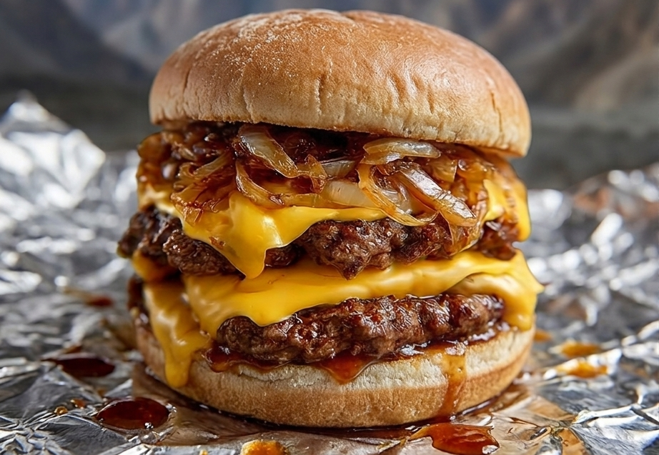 A picture of juicy double patty yak burger with two slices of cheese, onions and pickle in a homemade bun on a silver foil